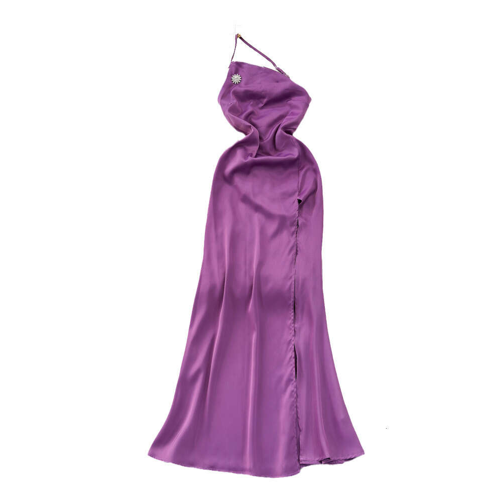 Fashionable and socialite temperament backless hanging neck sloping collar strapping waist tightening slimming effect medium length version split Alin
