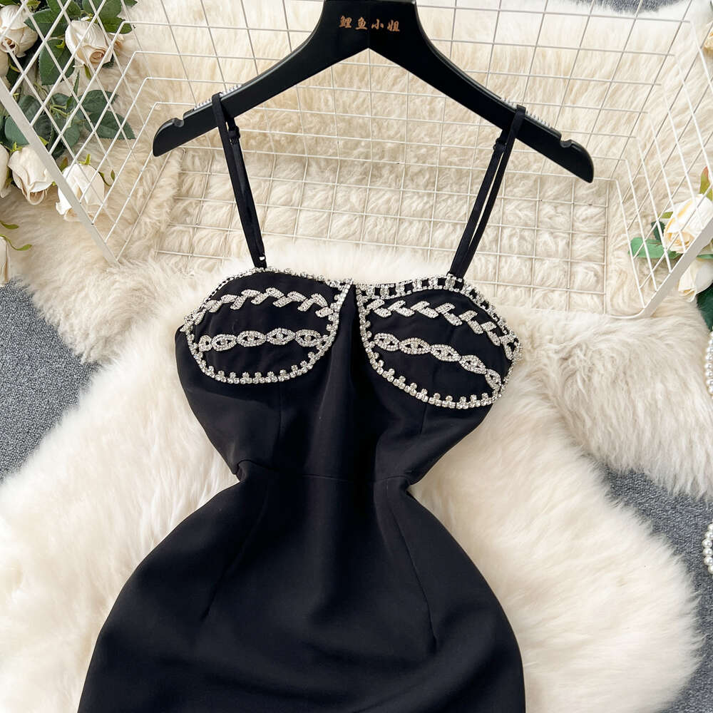 Sexy Heavy Industry Diamond Embedding Bra and Strap Dress for Women Small and Luxury Slim Fit Slimming and Hip Covering Style French Dress