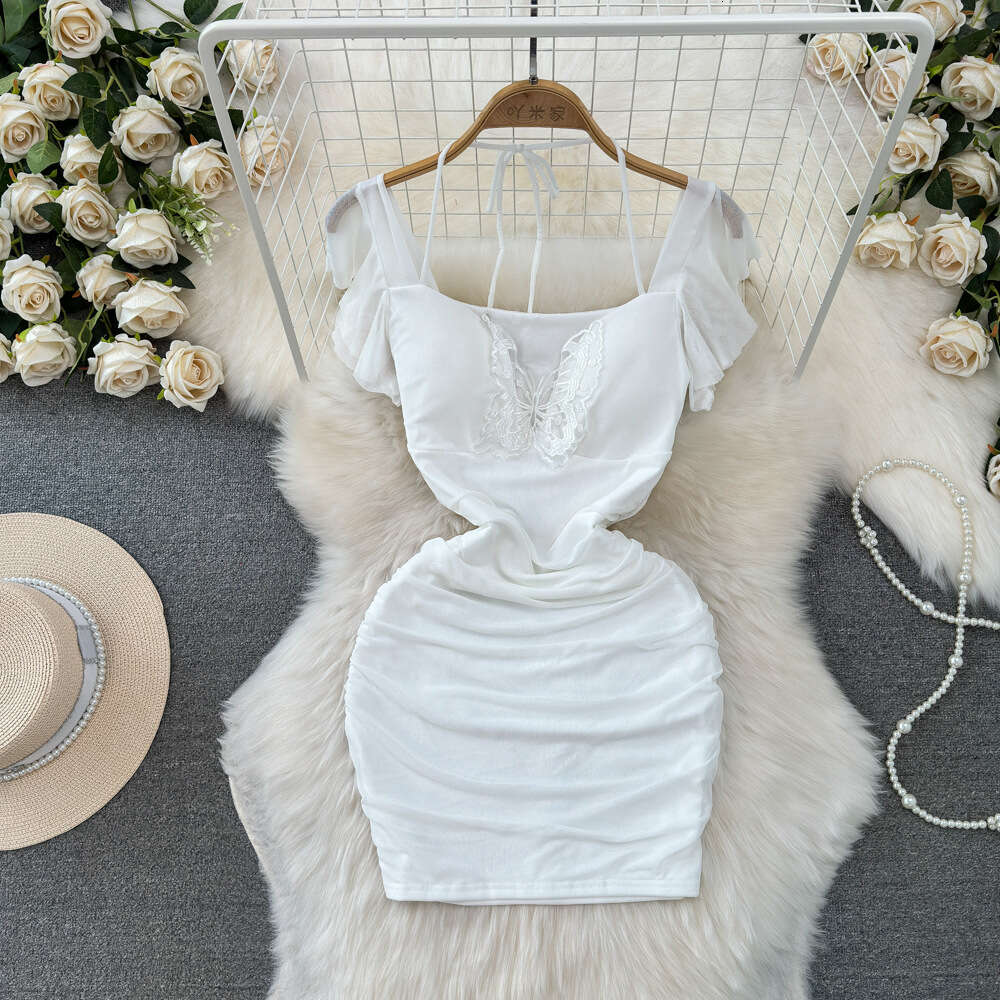 2023 Summer Fashion Pure Desire Sexy Bra Hanging Neck Bow Hollow Waist Slimming Mesh Wrap Hip Dress