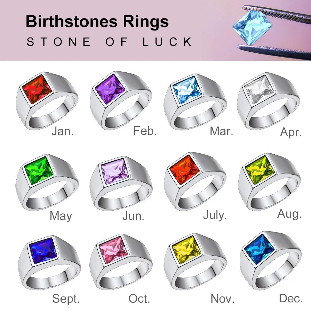 U7 Men Personalized Signet Rings Stainless Steel Ring with Rectangle Gemstone Birthstones Size 7-14 Gift for Him Dad Father 240530