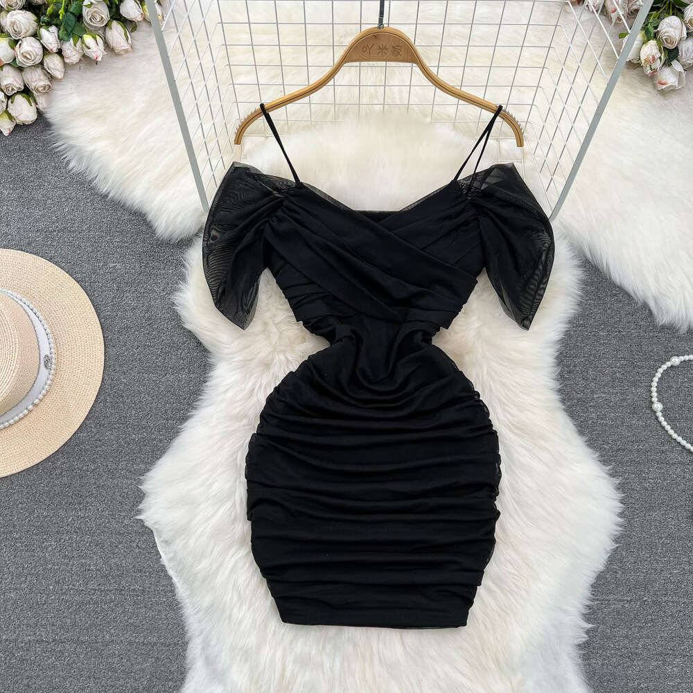 Summer Korean Fashion Sexy Nightclub V-Neck Waist Slim Fold Short Mesh Wrap Hip Strap Dress for Women