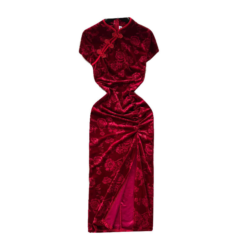 Red formal dress toasting attire womens Chinese cheongsam Chinese style high-end feeling slim fit slimming temperament standing collar printed dress