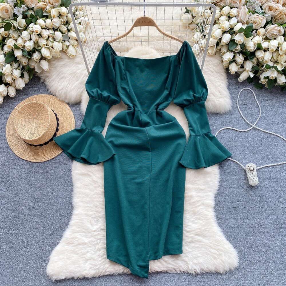 2024 New Early Spring Dress Womens Design Feeling Bubble Flare Sleeves Slim Fit Mid length Irregular Wrapped Hip Skirt