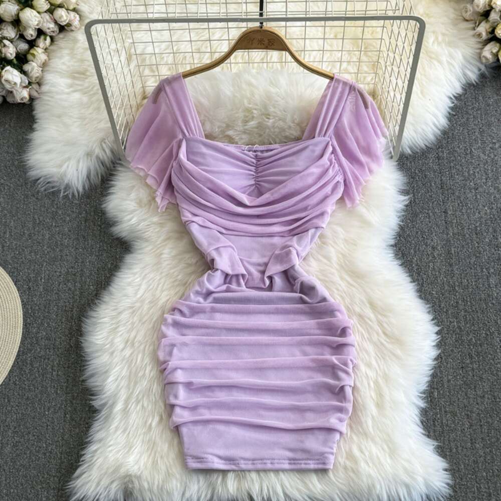 2023 Summer Fashion Sexy Celebrity Elegant Square Neck Waist Closed Slim Short Mesh Wrapped Hip Bottom Dress