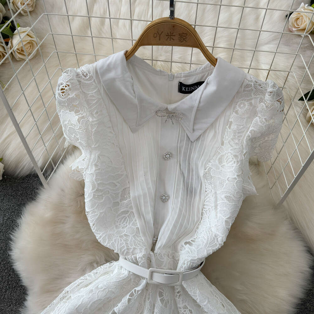 Summer fashion socialite temperament short sleeved lapel pleated waist slimming mid length A-line water-soluble lace dress
