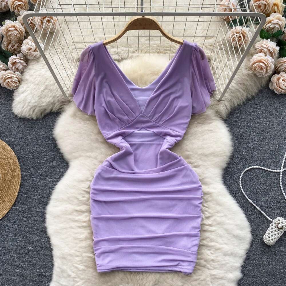 Nightclub womens clothing design sense dress female mind machine perspective hollowed out pleated slim fit short sexy buttocks wrapped skirt trend