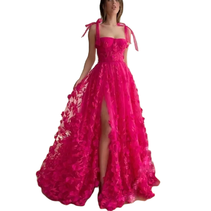 Fuchsia Floral Lace Long Prom Dresses Side Slit Sexy Spaghetti Straps Evening Dress for Women 2024 Formal Party Events Special Occasion Gown 2024