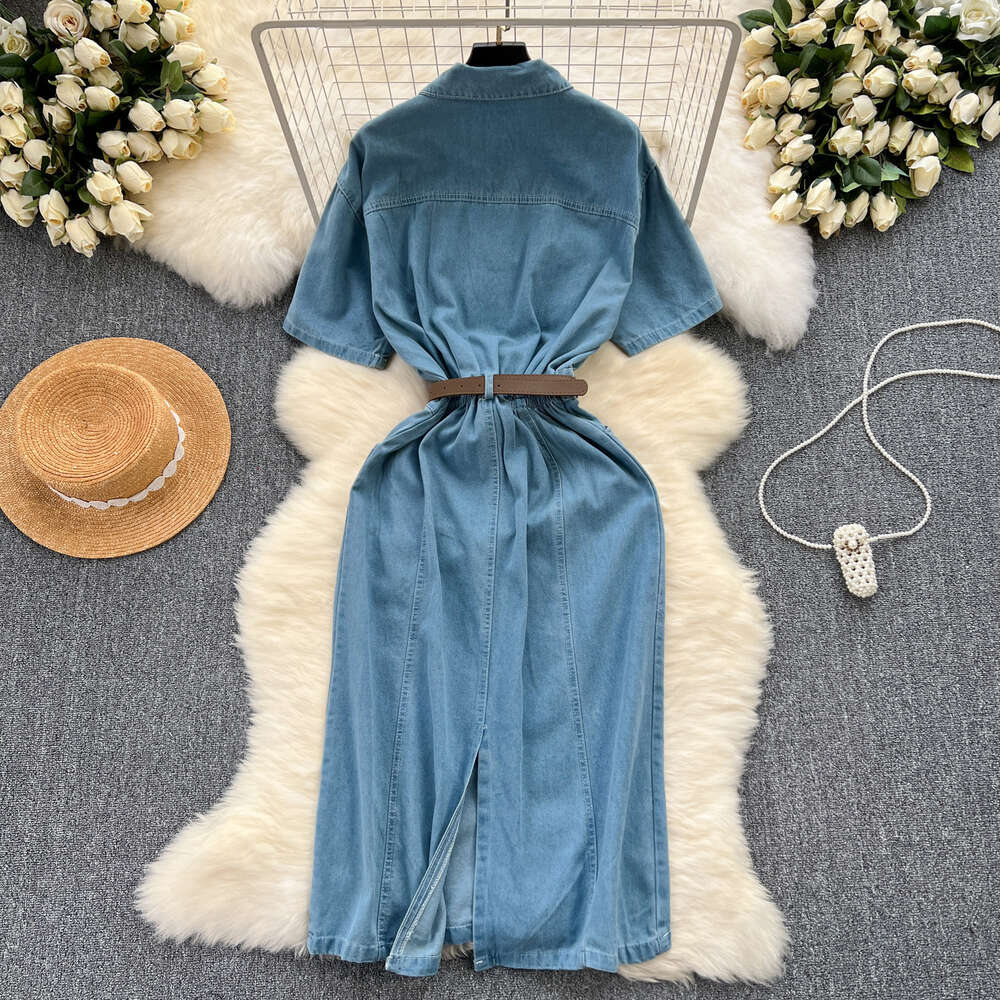 Chic denim dress for women in 2024 new style with stylish buttoned and slim fitting mid length skirt that includes buttocks