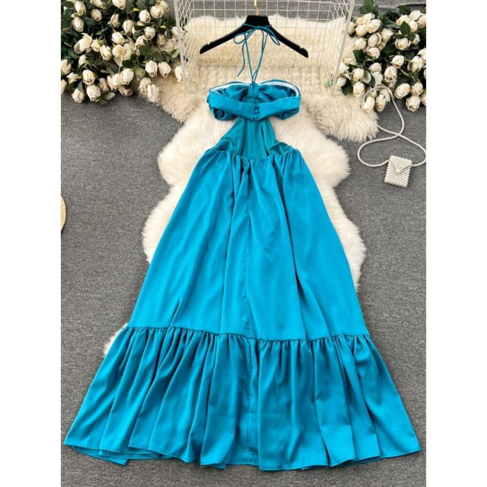 Vacation dressing with camisole dress womens mind machine hollowed out backless sexy strapless long satin dress ruffled edge skirt