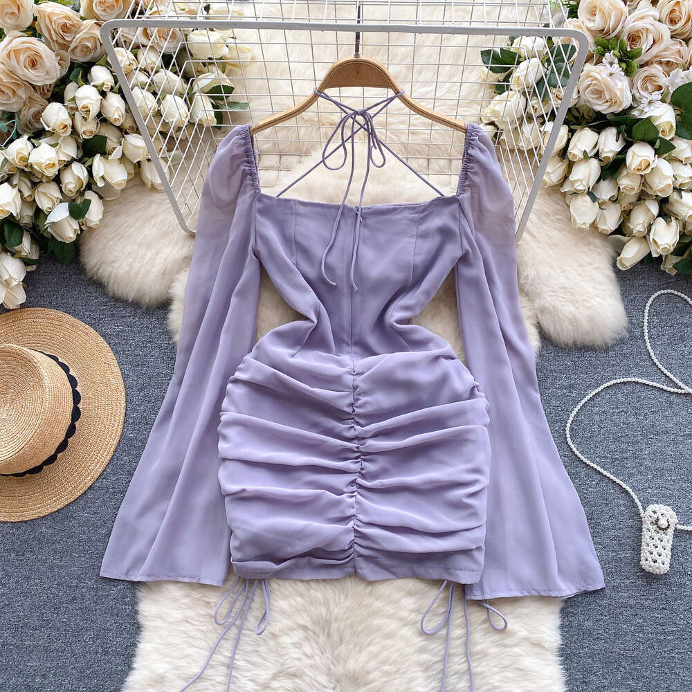 Pure desire spicy girl style hanging neck suspender dress womens straight shoulder pleated strap and mesh design light luxury wrapped hip skirt