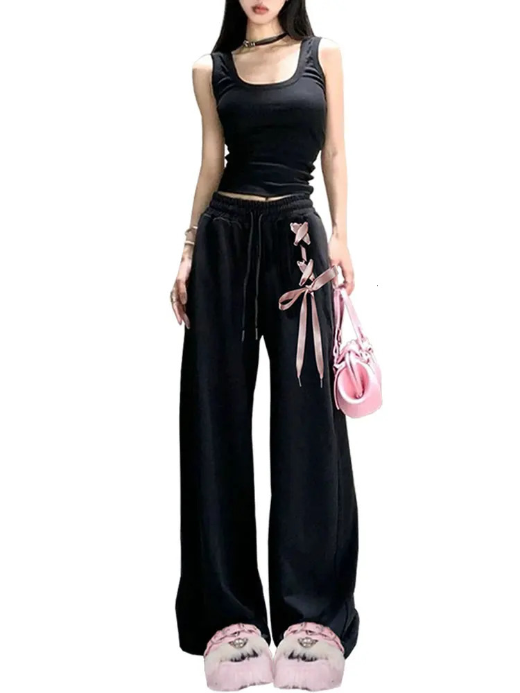 Womens Black Gothic Baggy Pants Y2k 2000s Sweatpants Vintage Streetwear Lace-up Trousers Harajuku Emo Pants Aesthetic Clothes 240530