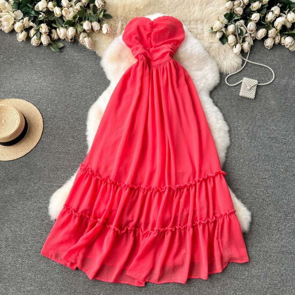 Sexy strapless vacation dress for women sweet bow tie waist cinching slim and long style with large hem and ruffle edge skirt