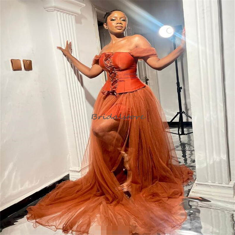 Sexy Tan Black Girls Prom Dresses Off Shoulders Plus Size Corset Evening Dress Aso Ebi Birthday Second Party Reception Formal Occasion Party Gowns 202