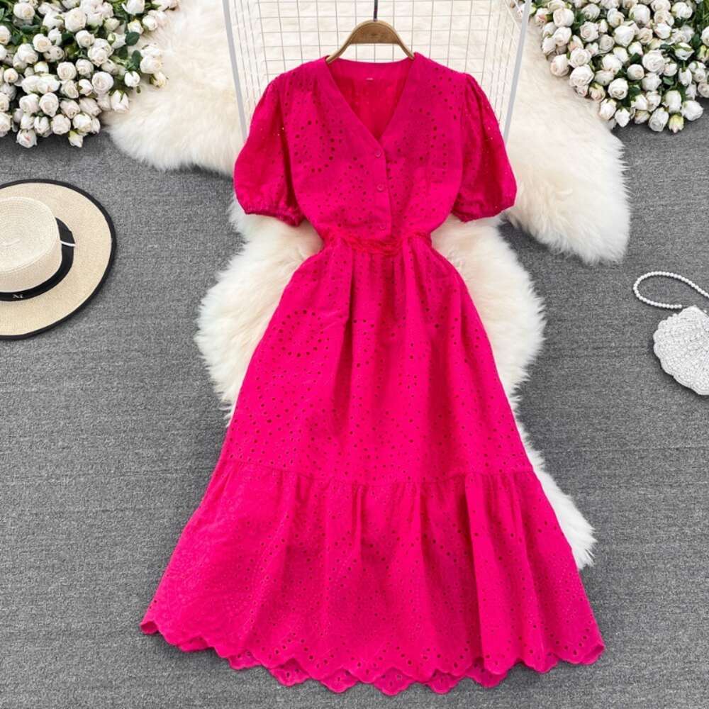 2023 Summer Elegant V-Neck Hook Flower Hollow Waist A Line Dress Elegant Beach Vacation Swing Long Dress