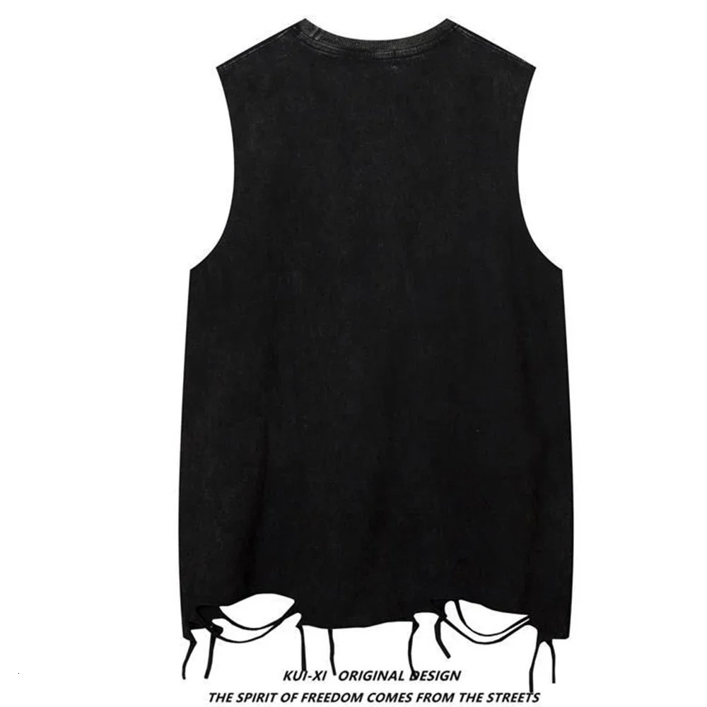Mens Y2k Washed Tassel Sleeveless T-shirt Summer Rock Print Punk Gothic Vest Streetwear Retro Harajuku Vest Unisex 240601