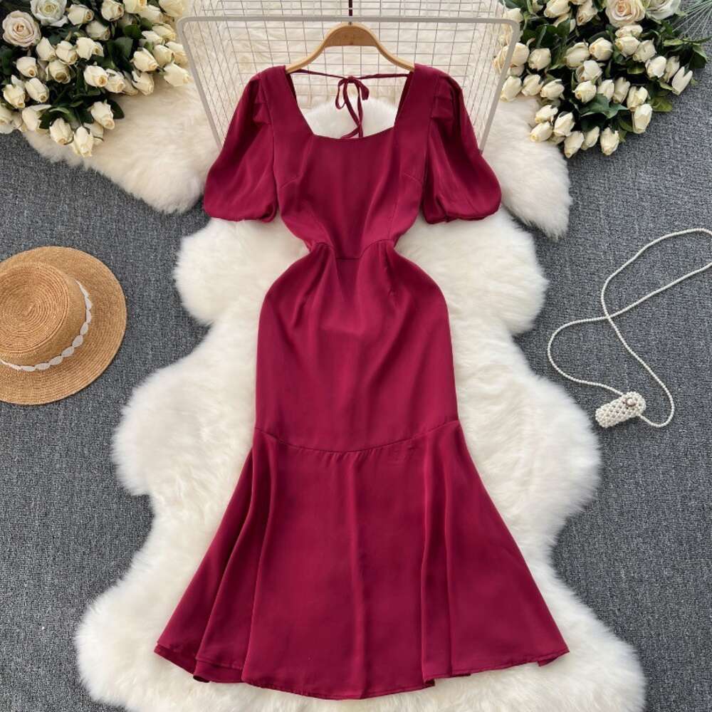 French style elegant dress for women with reduced age bubble sleeves slim fit medium length gentle style fishtail skirt formal dress skirt