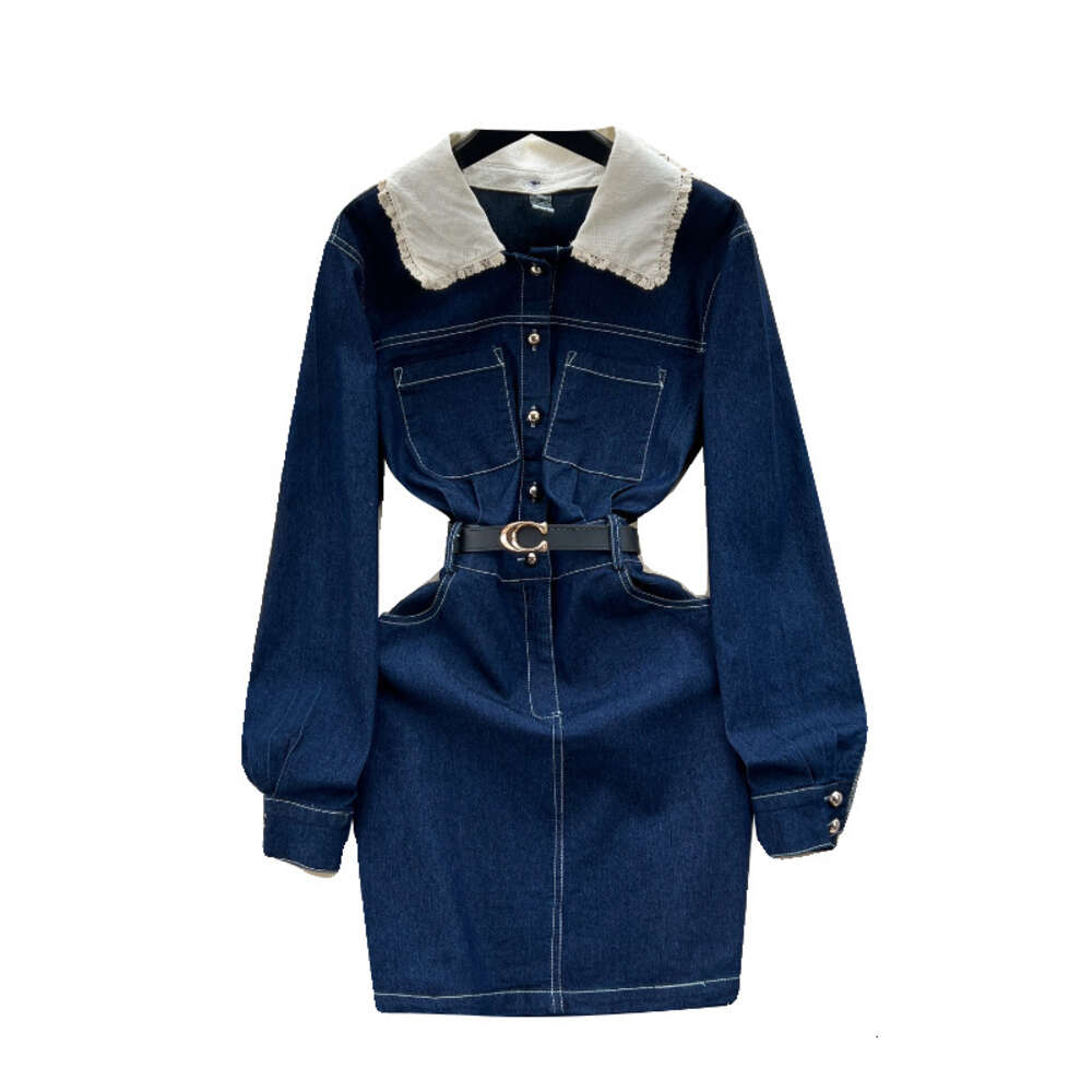 Korean version of womens dark blue denim dress with contrasting color collar slim fit short buttocks wrapped skirt