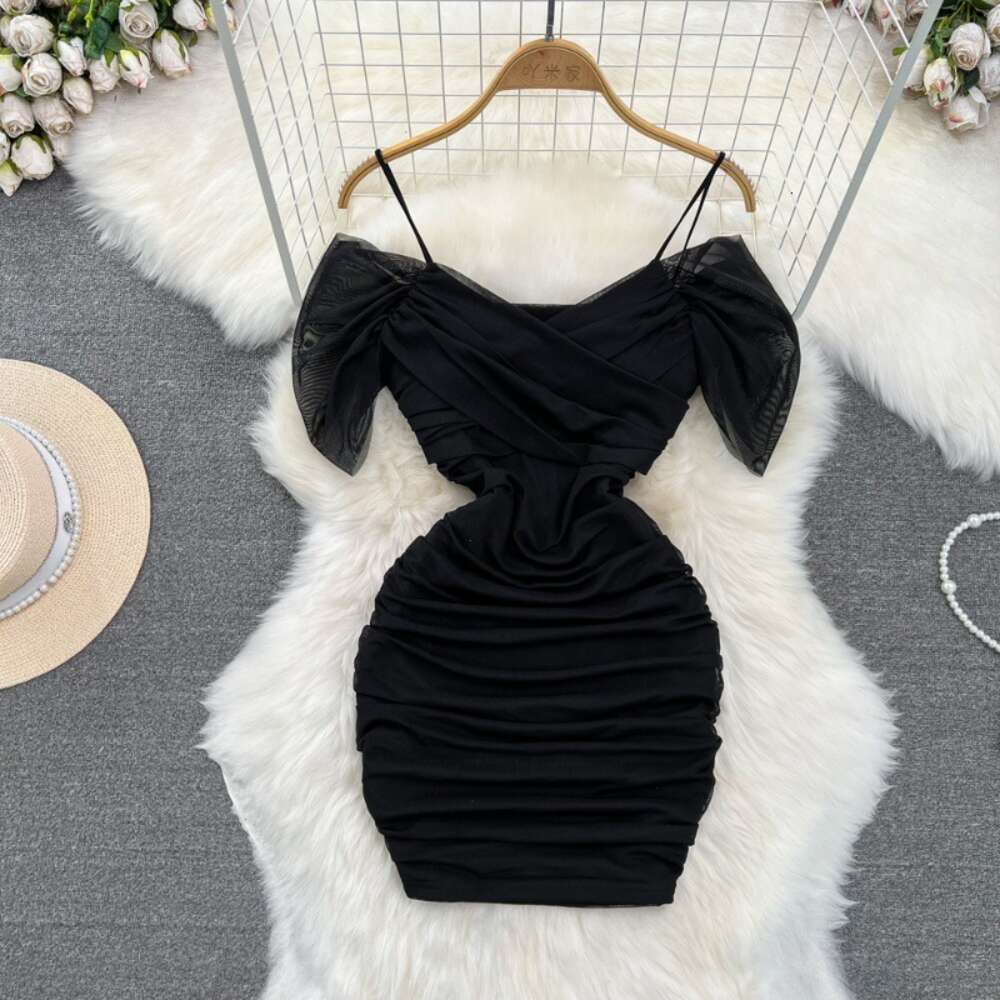 Summer Korean Fashion Sexy Nightclub V-Neck Waist Slim Fold Short Mesh Wrap Hip Strap Dress for Women