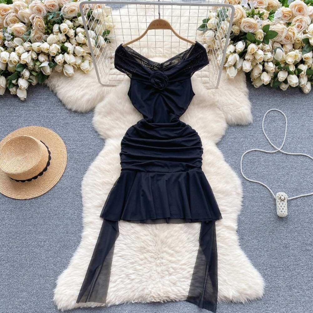 Pure desire dress womens design sense three-dimensional flower one line collar off shoulder pleated mesh slim fit short ruffle edge skirt