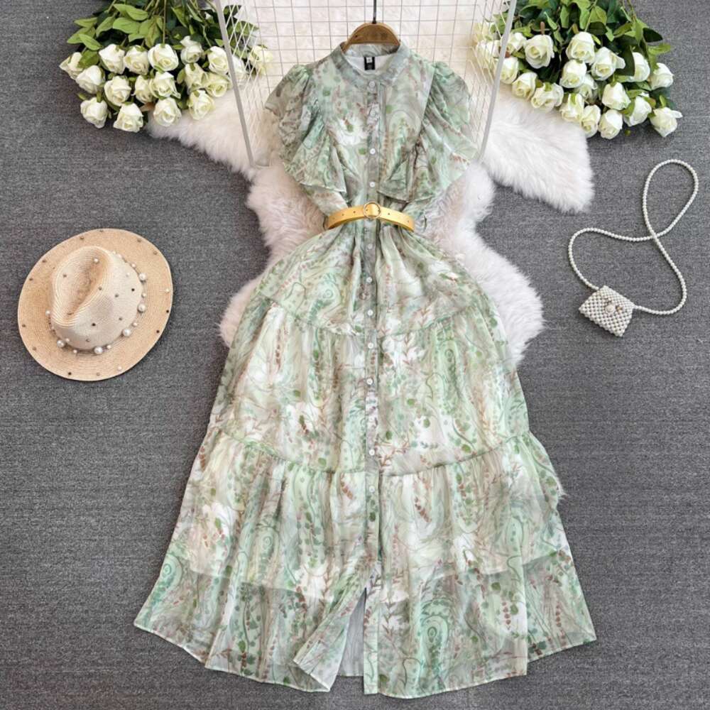 Summer New Round Neck Lotus Leaf Sleeves Single breasted Lace up Waist for Slimming French Elegance and Elegance Dress for Women
