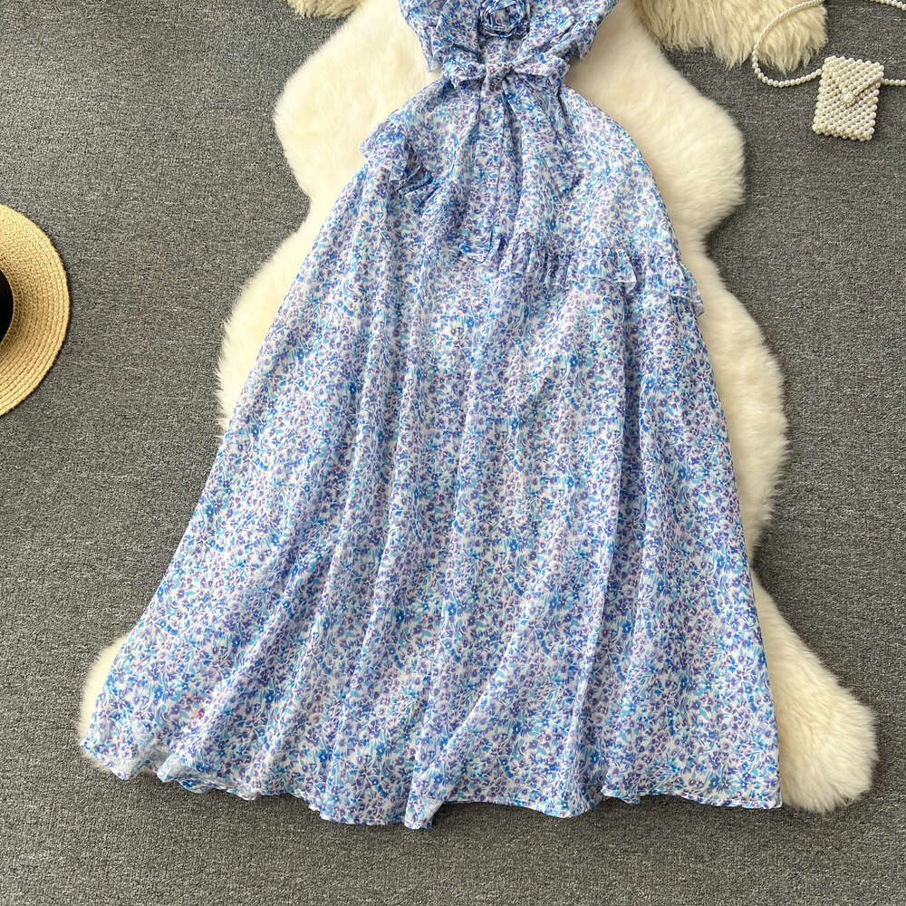 French floral holiday long dress niche three-dimensional floral slim fit sexy hollow out backless suspender dress