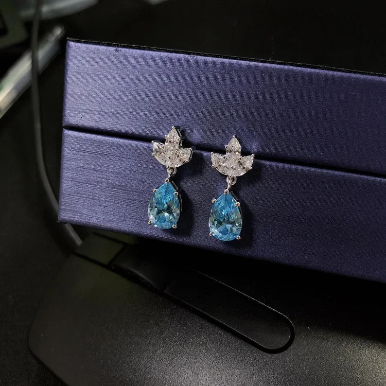 Solid 14K White Gold AU585 Platinum PT950 Blue diamond drop models earrings fashion trend earrings 240601