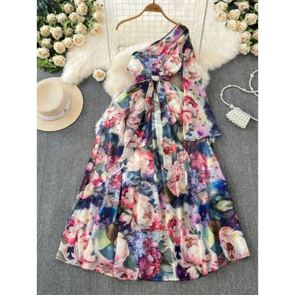 French court style dress summer dress womens design print button up slim fit long high-end dress holiday dress