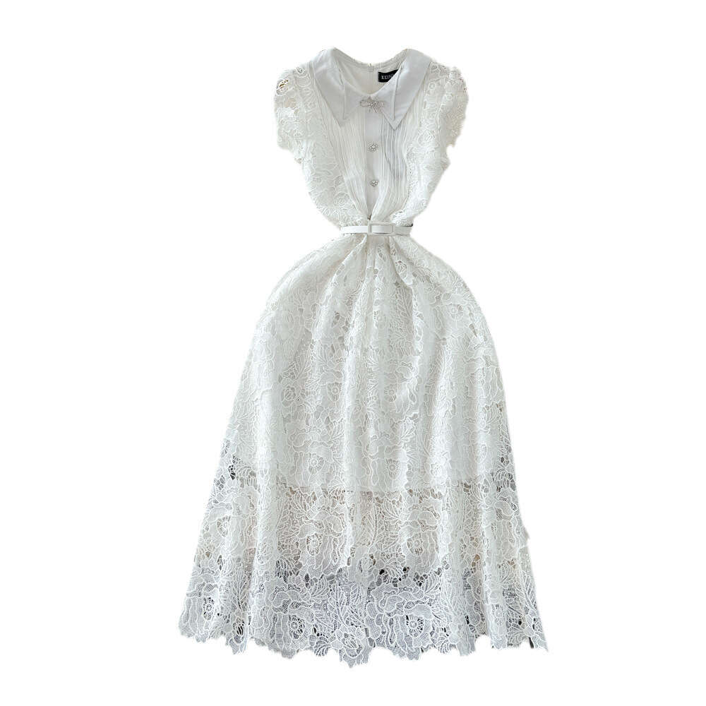 Summer fashion socialite temperament short sleeved lapel pleated waist slimming mid length A-line water-soluble lace dress