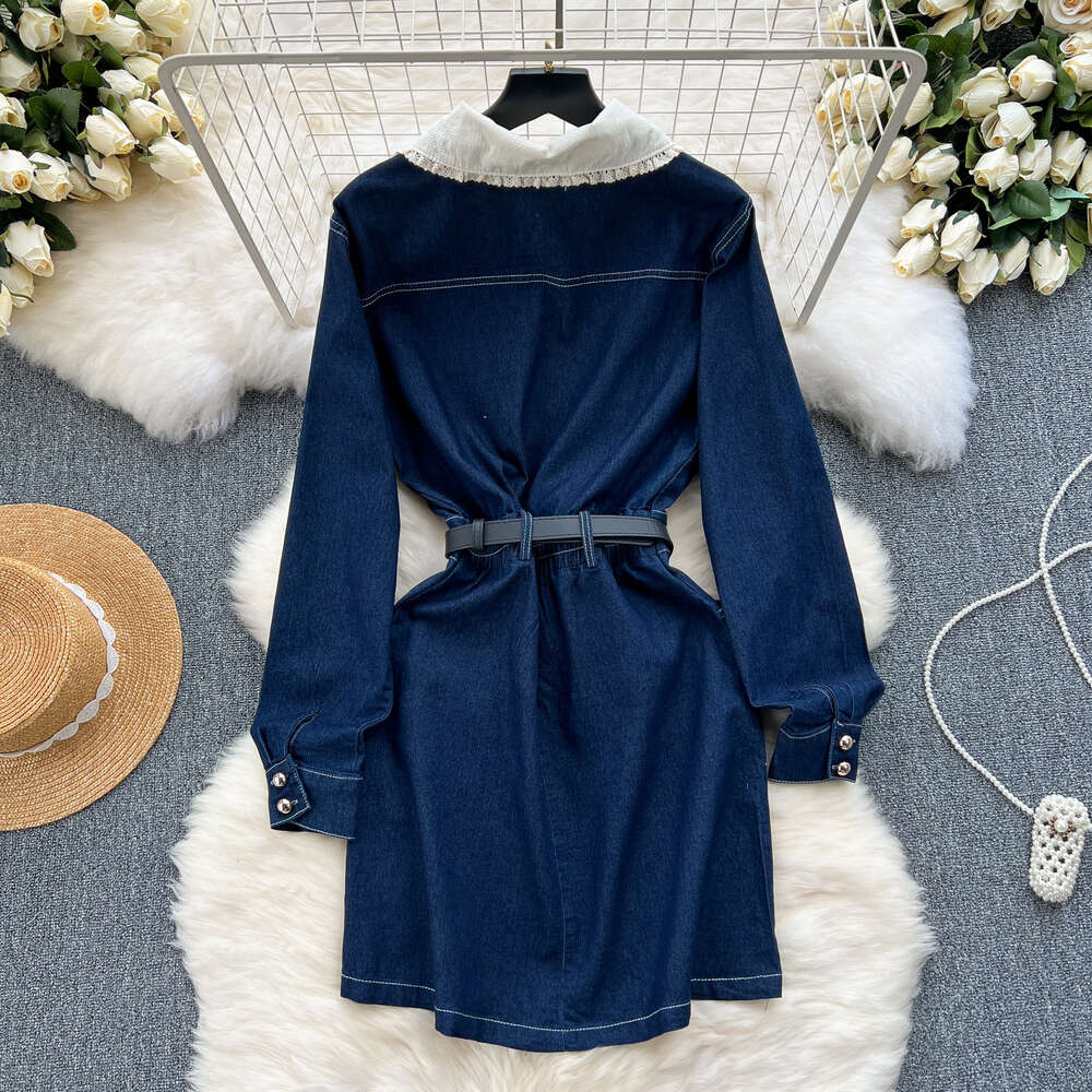 Korean version of womens dark blue denim dress with contrasting color collar slim fit short buttocks wrapped skirt