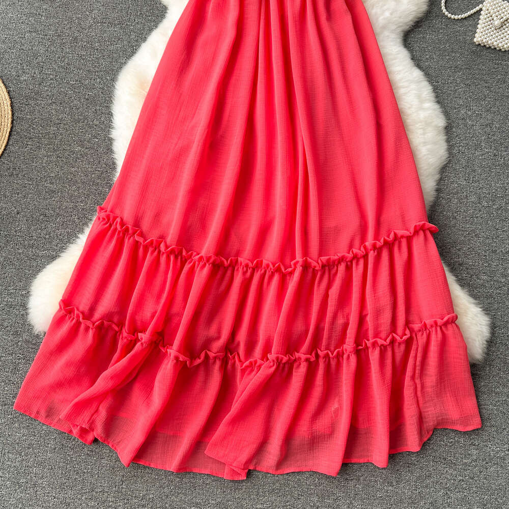 Sexy strapless vacation dress for women sweet bow tie waist cinching slim and long style with large hem and ruffle edge skirt