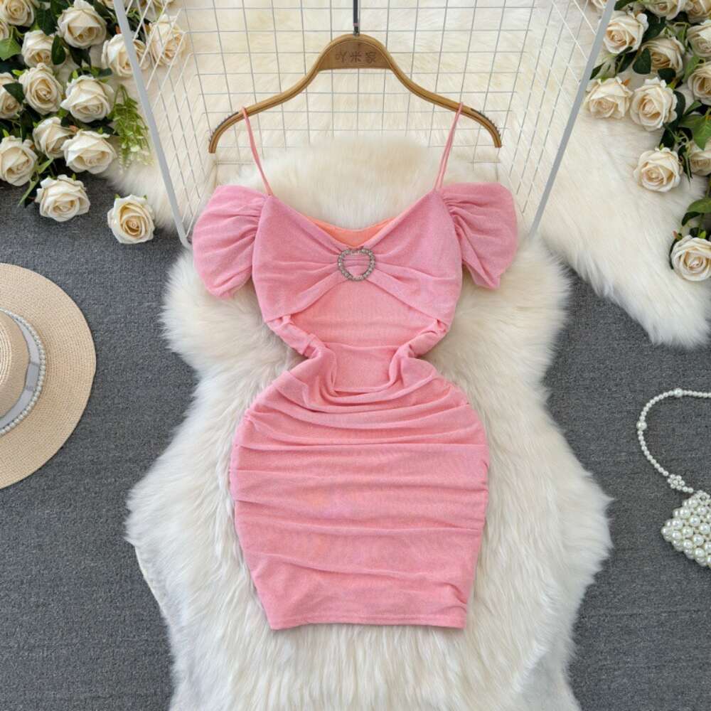 Fashionable design pure desire socialite temperament one shoulder off the shoulder waist up slimming effect short style buttocks wrapped mesh dress su