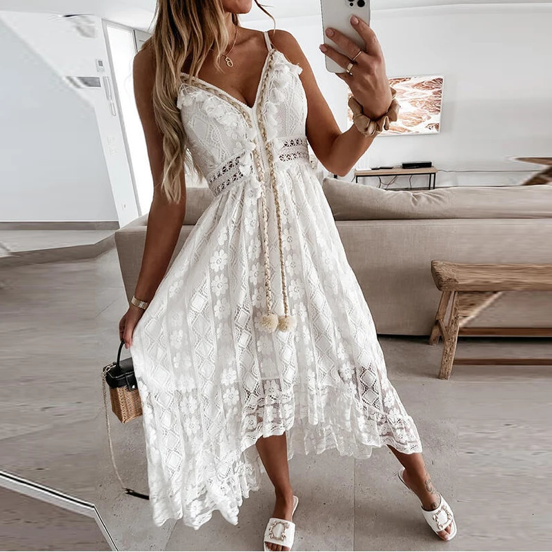 Off Shoulder Lace Patchwork Elegant Dress Women Summer V Neck Spaghetti Strap Dress Female Fashion Solid Party Dresses 240529