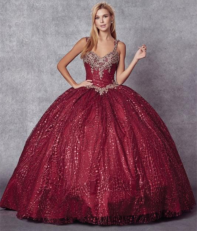 Sparkle Burgundy Sequined Quinceanera Dresses Straps Floor Length Ball Gown Prom Sweet 16 Dress Vestido De 15 Anos Robe Back Lace-Up Appliques
