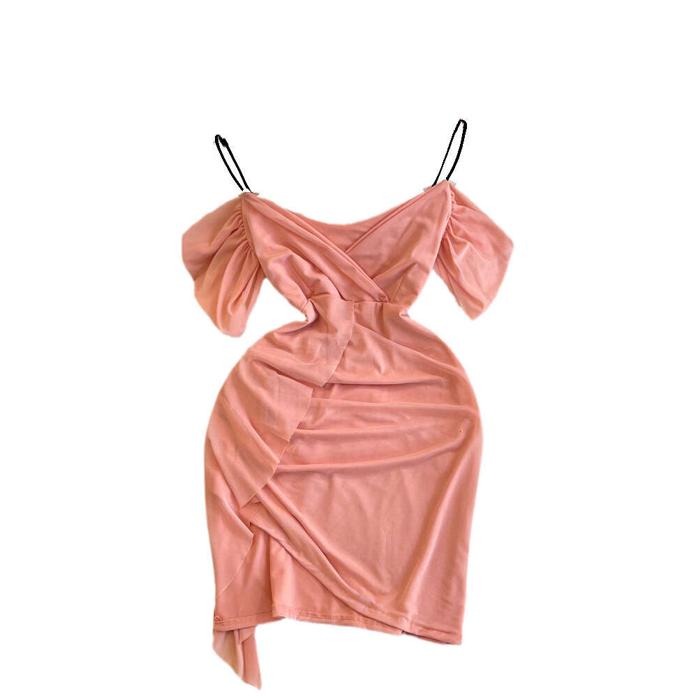 Summer Fashion Nightclub Sexy V-neck Low cut Waist Slim Look Short Style Slim Hanging Strap Hip Wrap Bottom Mesh Dress for Women