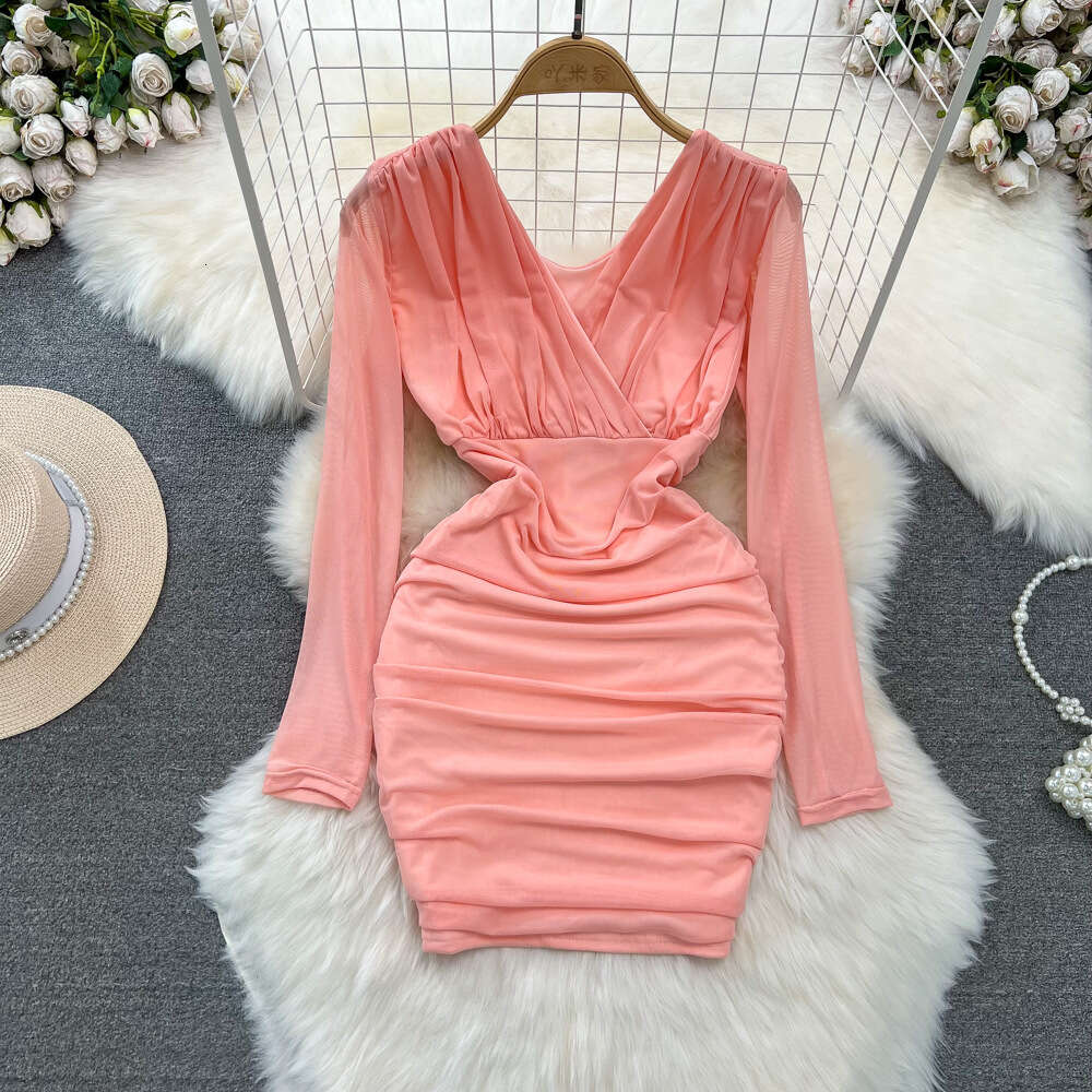 Spring and Autumn Fashion Sexy V-Neck Waist Shrinking Slim Short Fold Mesh Wrapped Bottom Dress for Women
