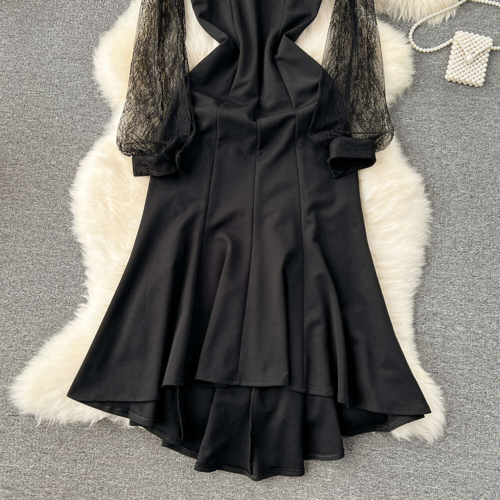 Light mature style womens clothing sexy perspective lace bubble sleeve patchwork slim fit mid length taildress dress for women