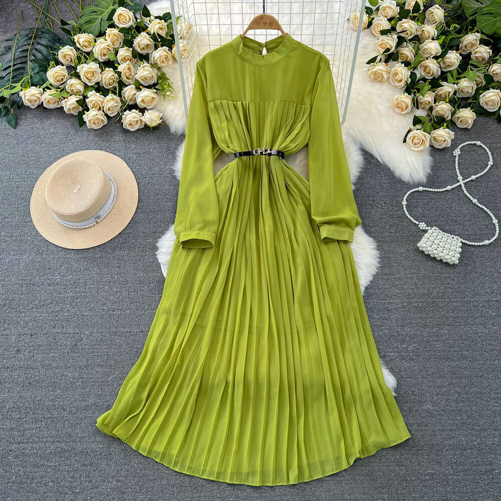 Spring and Autumn Seasons Light Mature Style Celebrity Elegant Long sleeved Standing Neck Waist Wrapped Slim A-line Hundred Pleated Dress Elegant Long