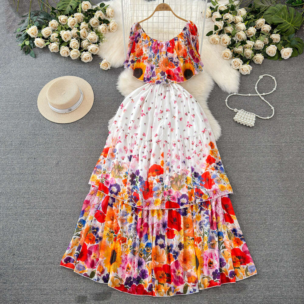 Fashionable and socialite temperament one shoulder off the shoulder waistband slimming appearance A-line cake print dress seaside vacation long dress