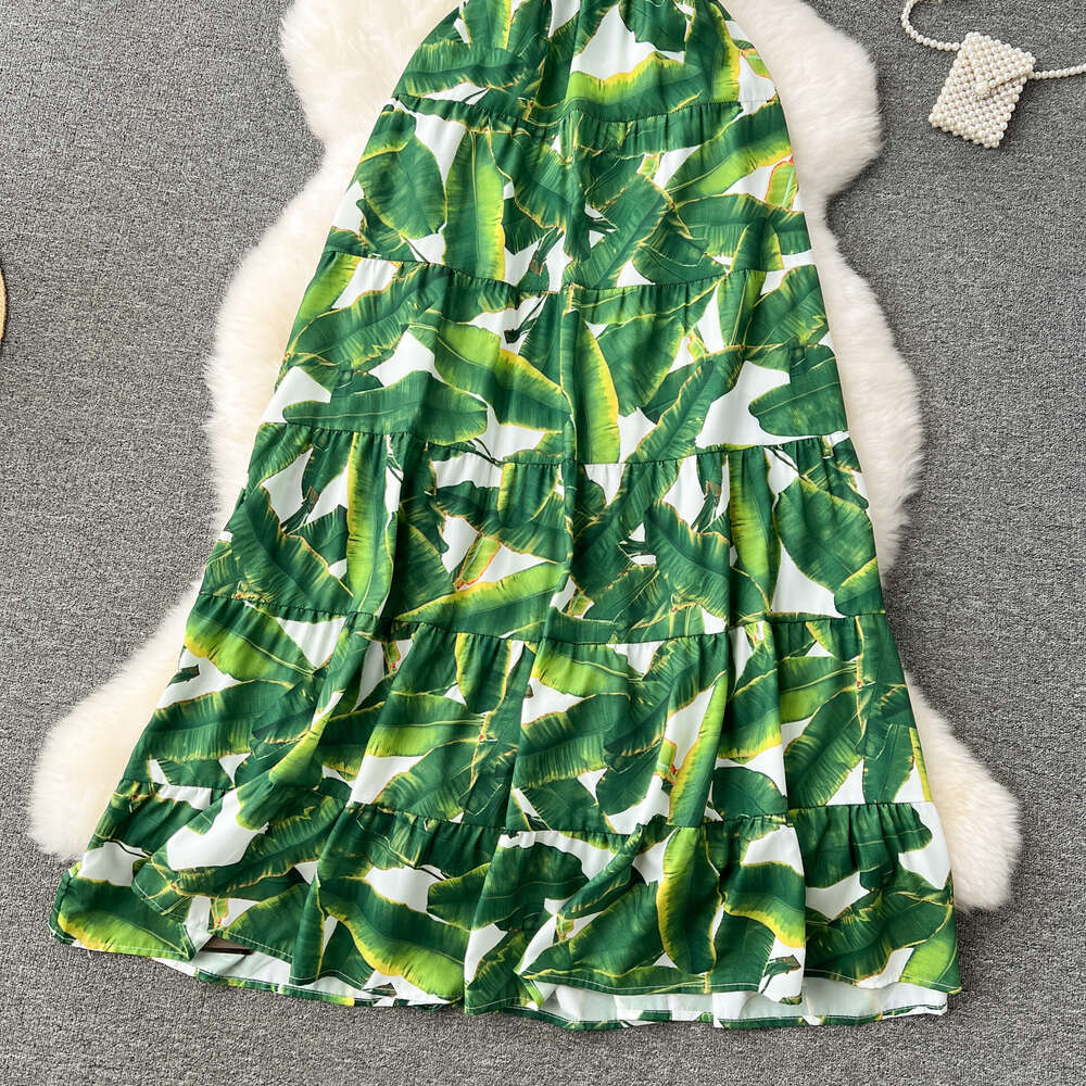 Instagram vacation style tropical print sexy backless camisole dress for womens high-end feeling deep V-neck slim fit long skirt
