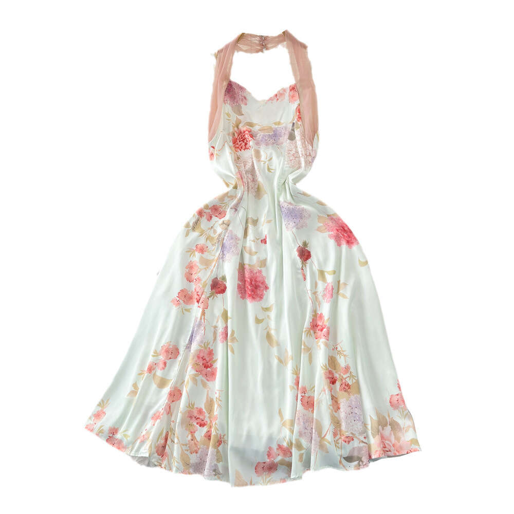Gentle style neck hanging backless waist cinching slimming A-line large hem ruffled edge printed dress seaside vacation long dress