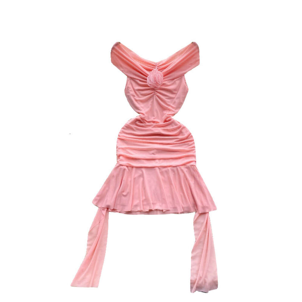 Pure desire dress womens design sense three-dimensional flower one line collar off shoulder pleated mesh slim fit short ruffle edge skirt