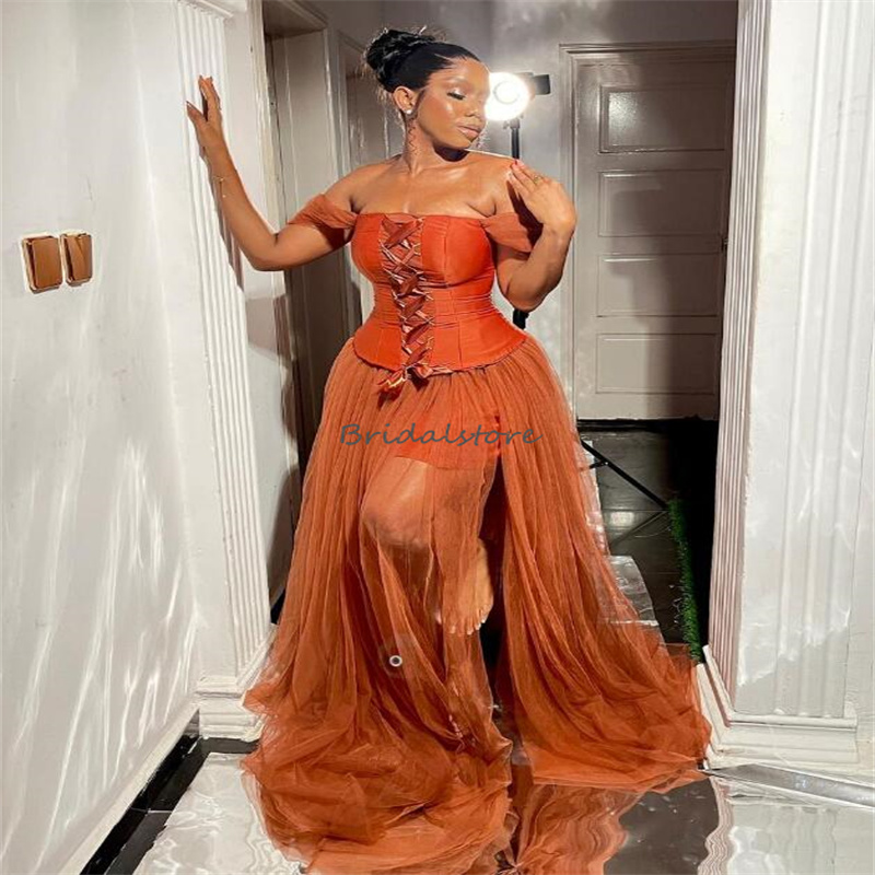 Sexy Tan Black Girls Prom Dresses Off Shoulders Plus Size Corset Evening Dress Aso Ebi Birthday Second Party Reception Formal Occasion Party Gowns 202
