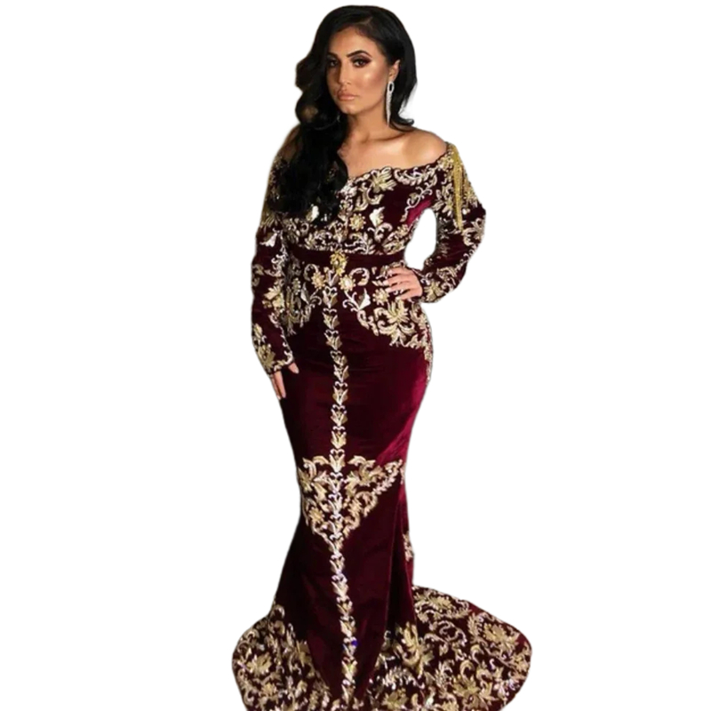 2024 Elegant Mermaid Caftan Evening Dresses Arabic Long Sleeves Velvet Prom Gown For Women Gold Lace Appliques Karakou Kaftan Modern Formal Party Dres