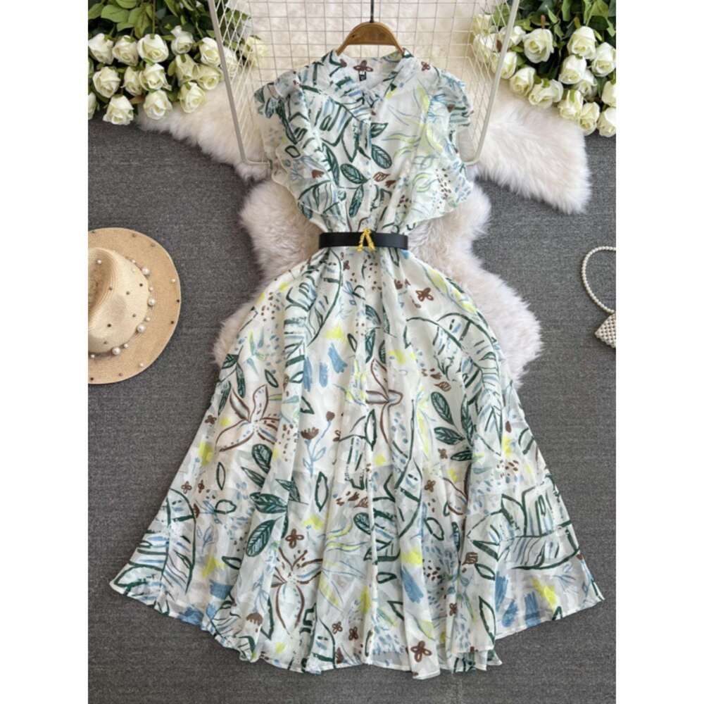 Fashionable socialite temperament formal occasion short sleeved stand up collar with ruffled edges and waist cinching A-line green printed dress