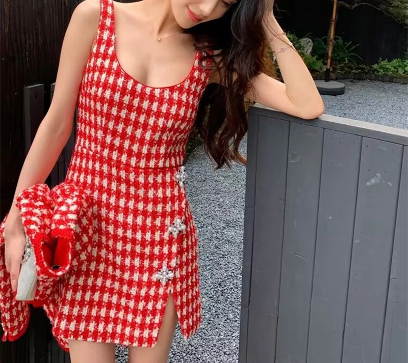 Arrive Red And White Plaid Tweed Women Mini Dress Sleeveless Slit Hem Lady Tank Dress 240529