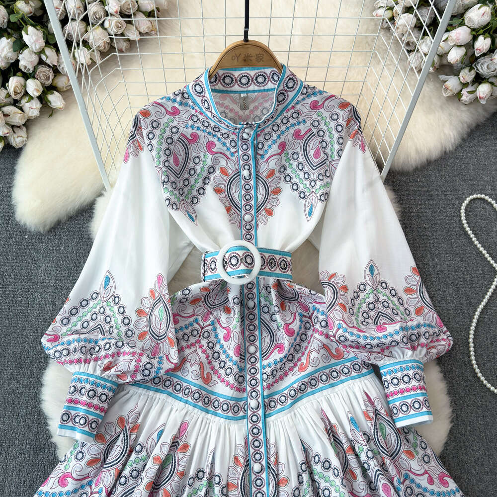 Elegant and Elegant Spring and Autumn Style Lantern Long sleeved Standing Neck with Waist and Slim Appearance Single breasted A-line Positioning Print