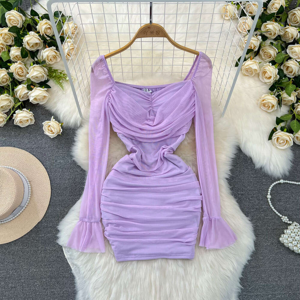 Spring and Autumn Fashion Celebrity Temperament Speaker Long sleeved Square Neck Folded Waist Slimming Short Mesh Wrap Hip Dress
