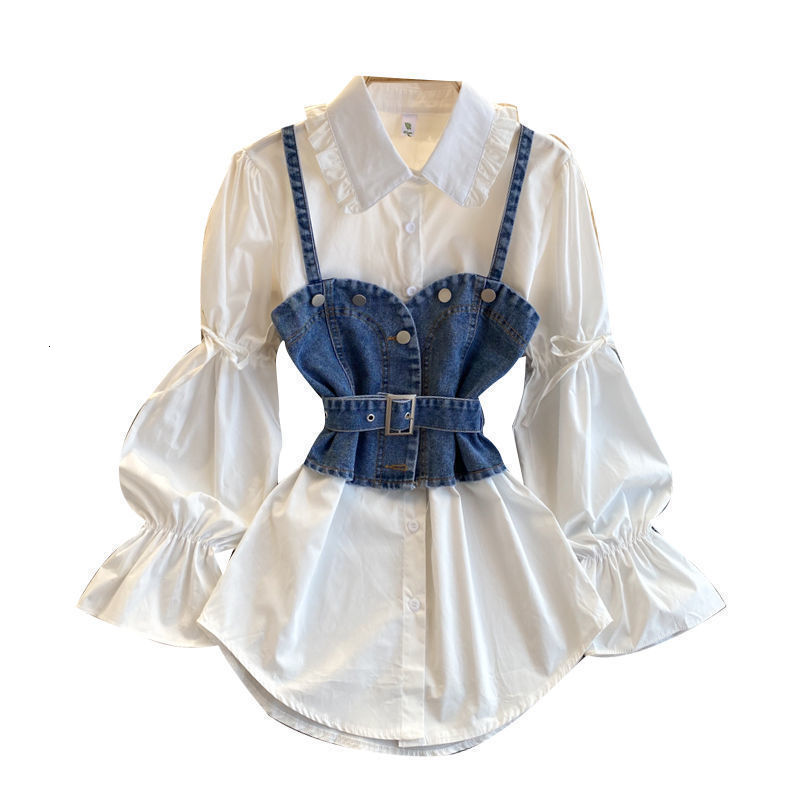 Neploe Korean Suit 2 Piece Set Loose Puff Sleeve White Blouse Tops Slim Waist Irregular Cowboy Vest Two Piece Outfits for Women 210422