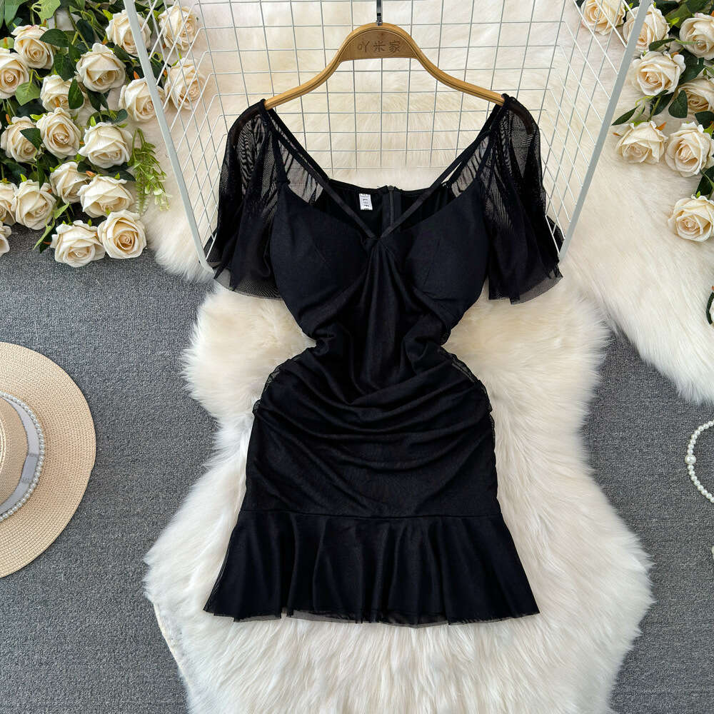Fashionable and Spicy Girl Sexy Lotus Leaf Sleeves Deep V-Neck Low Chest Waist Slimming Short Style Wrapped Hip Ruffle Edge Mesh Dress
