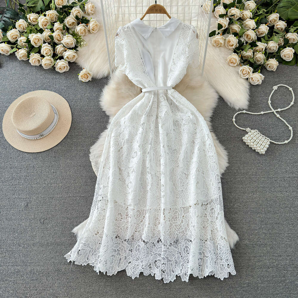 Summer fashion socialite temperament short sleeved lapel pleated waist slimming mid length A-line water-soluble lace dress